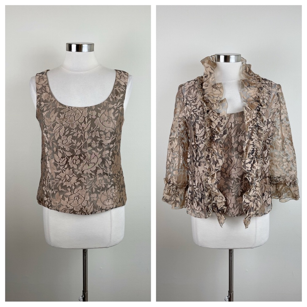 Jackie Jon New York Brown Gold Floral 2 Piece Blouse Jacket Set Women Size 6